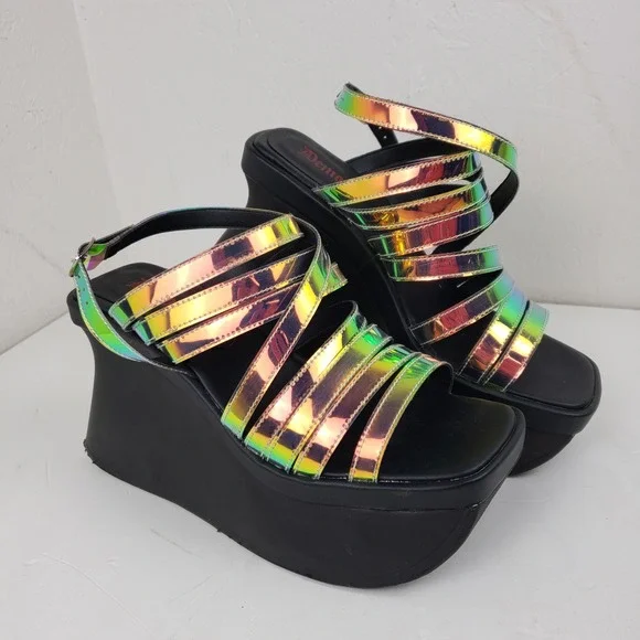 Demonia Womens 9 Holographic Iridescent Multi Strap Platform Wedge Sandal Gothic