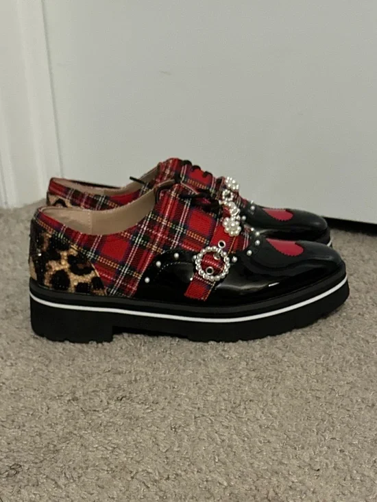 Cool Betsey Johnson size 7.5 red plaid lace up embellished Simonee shoes new