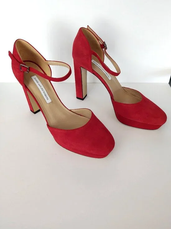 Crimson red suede ankle strap platform pump