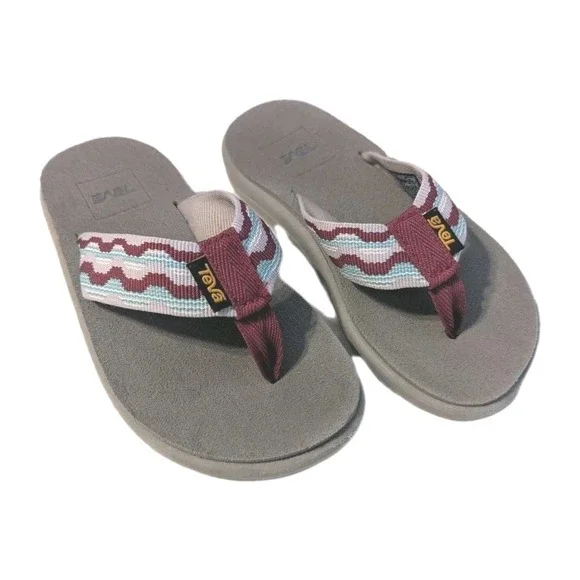Teva Kids Mush II Flip Flops Grey Burgundy Teal Wave Pattern Sandals Size 12