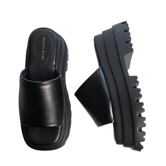 Azalea Wang Shoes Womens Size 9 Black Chunky Platform Slide Sandals Lug Sole