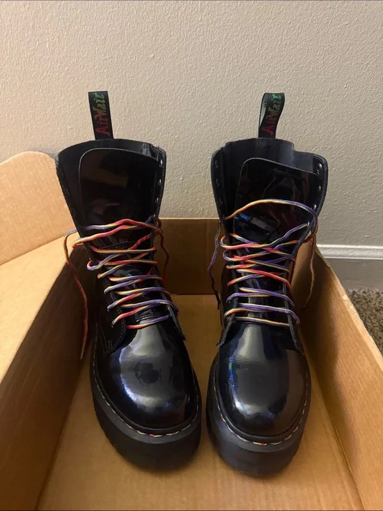Unisex Dr. Martens Jadon HI Rainbow Patent Platform Boots with Iridescent