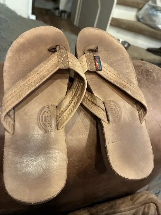 Rainbow Leather Flip Sandals in Light Brown