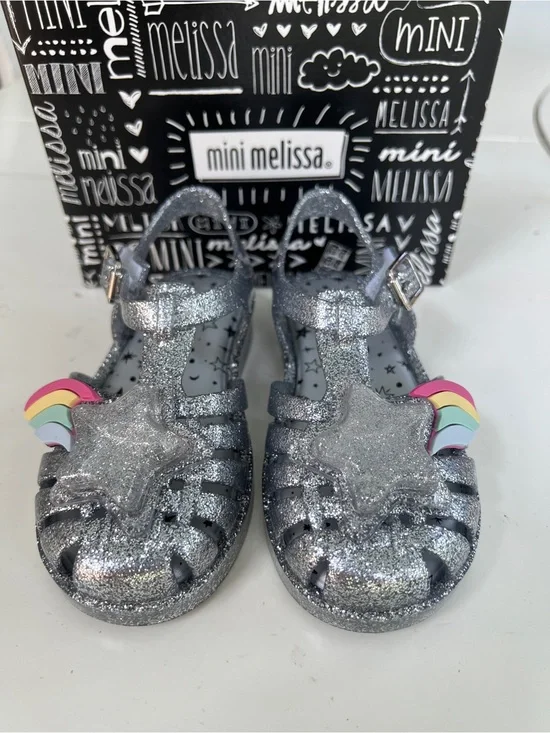 Mini Melissa Silver Glitter Jelly Sandals with Rainbow Accent Size 9