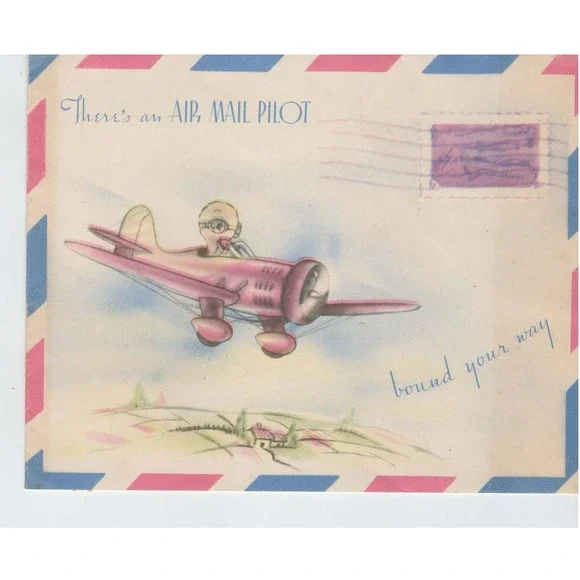 Vintage 1940s-50s Air Mail Pilot Duck Get Well Card Pink Airplane Used
