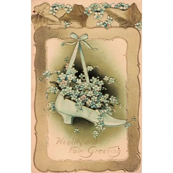 Antique 1909 Davidson Bros Postcard Embossed Blue Shoe Forget Me Nots Germany