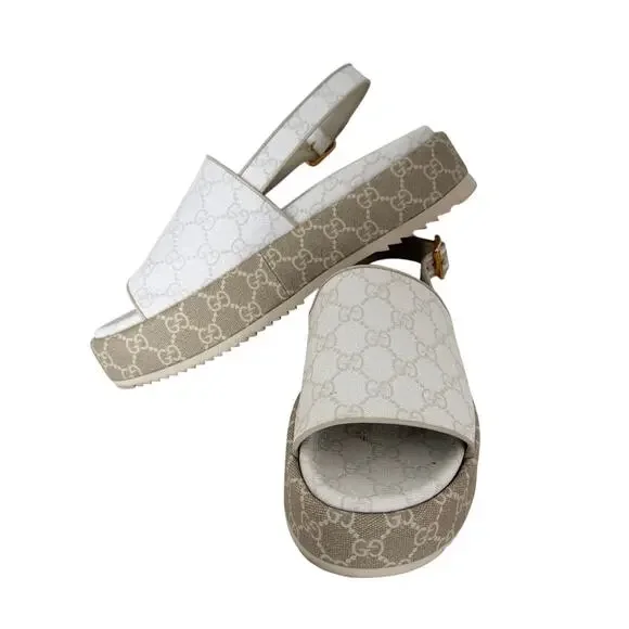 Gucci 41 GG Supreme Monogram Coated Canvas Platform Slingback Sandal White/Beige