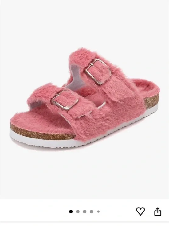 Faux Fur Dual-Buckle Slide Sandal in Pink