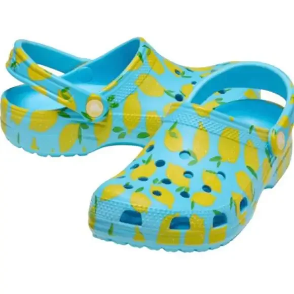 Crocs Classic Clog Kids Size 5/7 Lemon Print Blue Slip-On Sandals