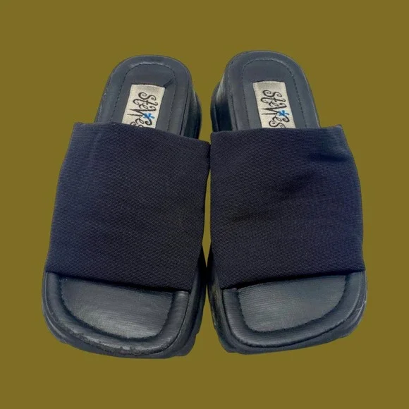 Vintage 90s Stevies Platform Sandals, Y2K Black Stretch Slides, Youth Size 1-1.5