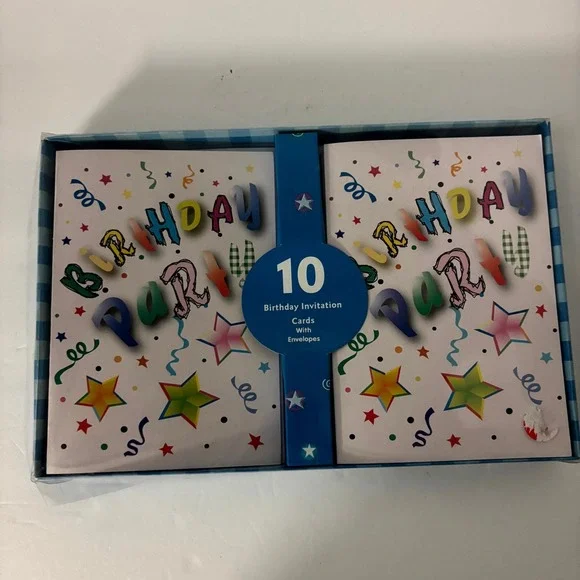 Birthday Party Invitations w/ Envelopes 10 Pack Boxed Colorful Confetti Cards