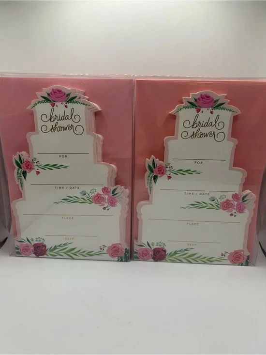 Bridal Shower Cake-Shaped Invitations with Pink Floral Design - 2 sets of 20! 🌹