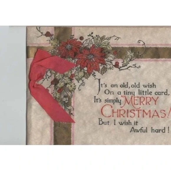 Vintage Christmas Greeting Card Poinsettia Holly Red Ribbon Merry Christmas VG
