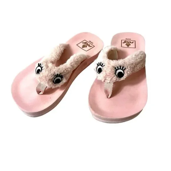 Reef Kids Flat Rubber Thong Pink Sandals Little Girls 11/12 Pink Faux Fur Straps