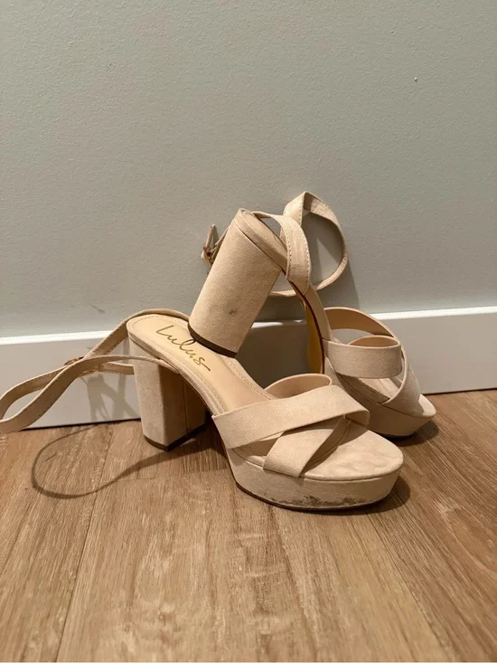 Lulu's Neutral Beige Suede Platform Block Heels