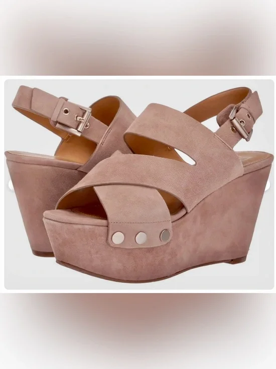 Marc Fisher Bianca Tan Beige Suede Platform Wedge Sandals Size 9