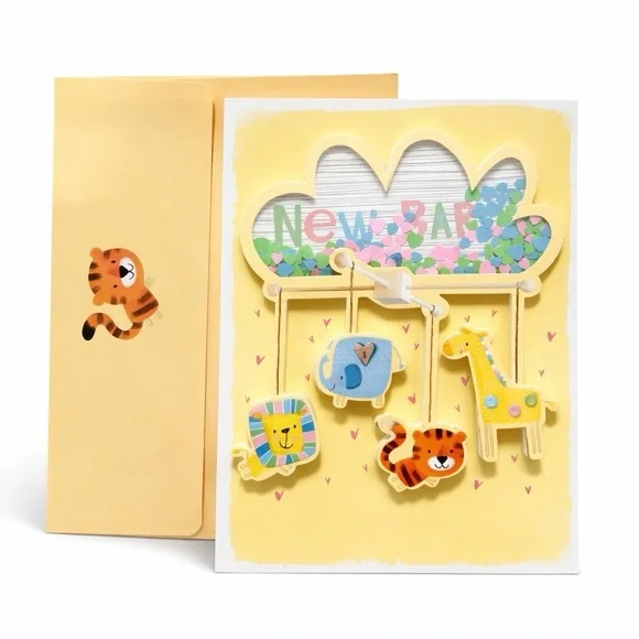 New Baby Shaker Greeting Card 3D Jungle Animals Interactive w Envelope