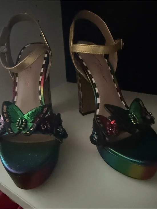 Betsey Johnson Multicolor Butterfly Platform Heels with Gold Ankle Straps
