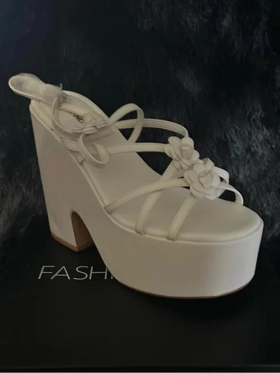 White Floral Platform Strappy Heels for Women