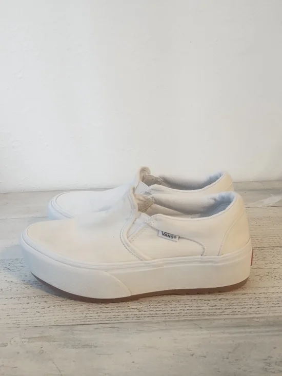 Vans Off The Wall Women's Canvas White Asher Platform ST Slip- On Shoe Sz 7