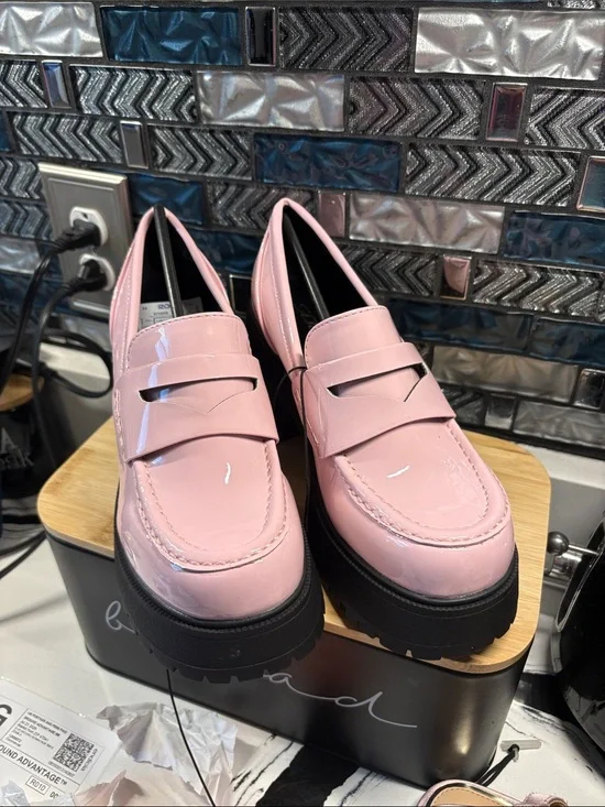 Soda Pink Patent Platform Loafers with Black Lug Sole