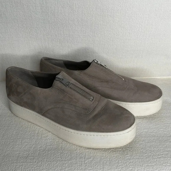 Vince Platform Sneakers Womens Size 9,5 ZipUp Gray Leather Slip On Shoes Neutral