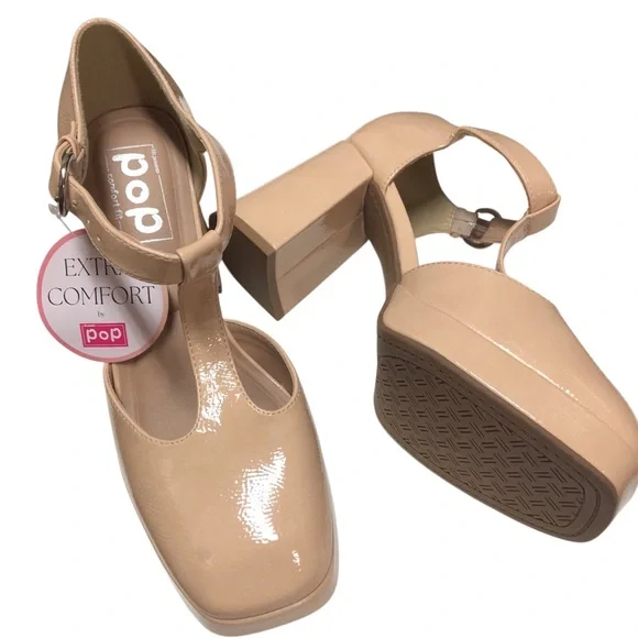 POP NW.T. Comfort Fit Size 8 M.Patent T-Strap Platform Heels in Nude Block Heels