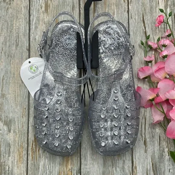 Little Girl's Crystal Jelly Silver Glitter Studded Sandals Shoes Size 2