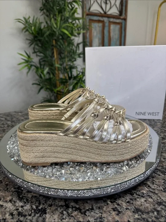 Nine West Metallic Gold Braided Espadrille Platform Slides NEW 8
