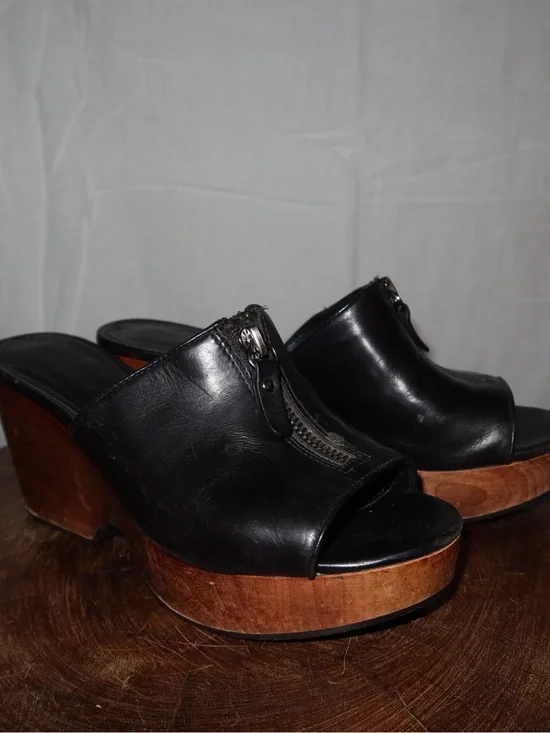 Via Spiga Black Leather Platform Mule Sandals with Wood Wedge