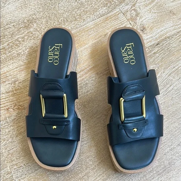 Franco Sarto‎ Womens Black Leather Cork Platform Slide Sandals Gold Buckle  7.5