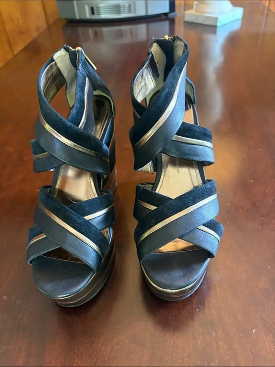 Women’s Black Strappy Platform  with Gold Trim