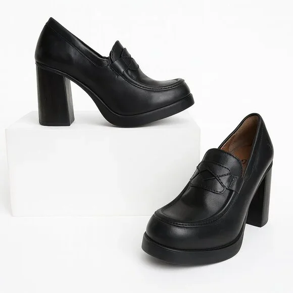 Fly London Black Leather Platform Loafer Block Heel Shoes 39– Preppy Y2K Chunky