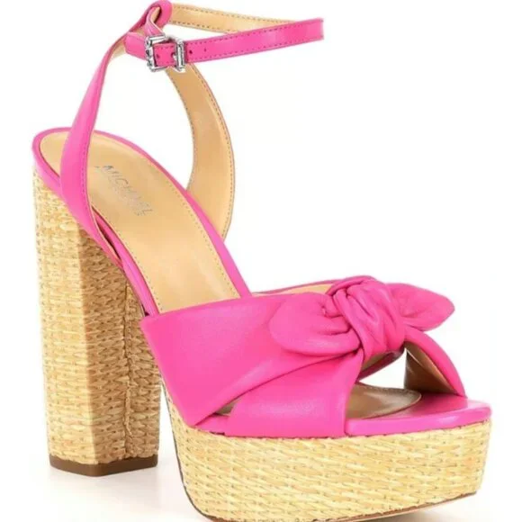 Michael Kors Sadie Pink  Leather Bow Platform Sandals - SZ 8.5 - NWOT‎