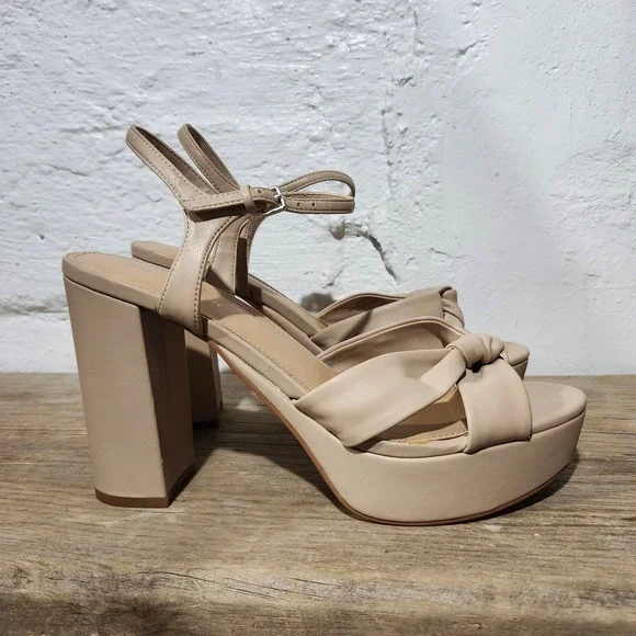 Marc Fisher Tan Knotted Platform Block Heel Sandals Womens 9.5M Nude Ankle Strap