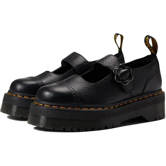 Dr Martens Women Addina Flower Buckle Mary Jane Leather Platform Sandal BLACK 10