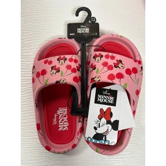 Disney Minnie Mouse Girls Pink Cherry Print Slide Sandals Size 12 NWT WS0010