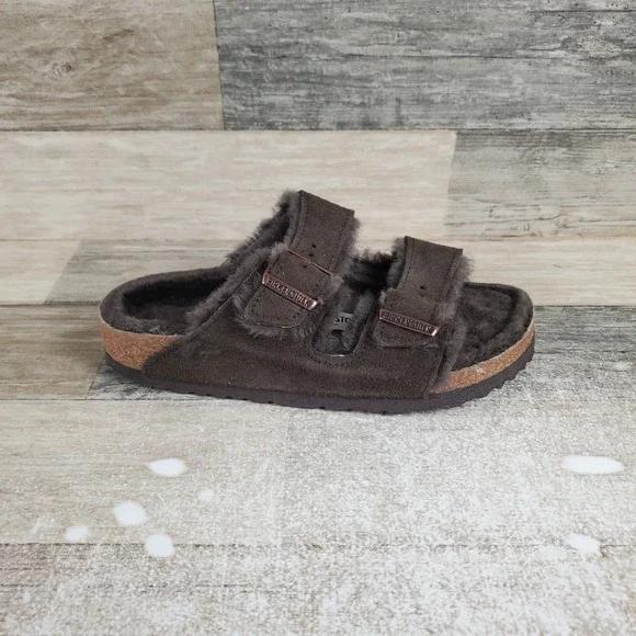 Birkenstock Arizona Shearling Womens Sandals Sz 4 Mocca Suede Leather Slip‎ On