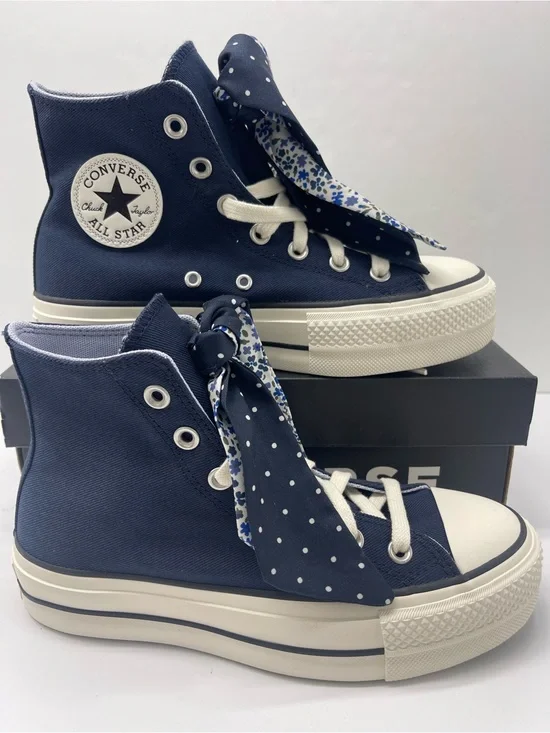 Converse CTAS High Top Platform Sneakers in Navy with Polka-Dot Scarf Laces
