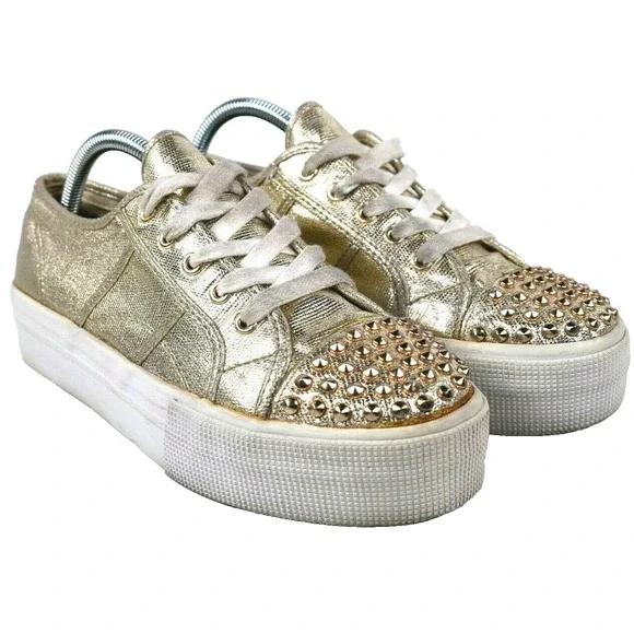Steve Madden Women's  Sz 9.5 Braady‎ Gold Platform Studded Fashion Sneaker Shoes