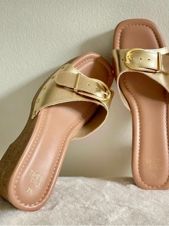 Time and Tru Metallic Gold Buckle Wedge Sandals with Cork Heels