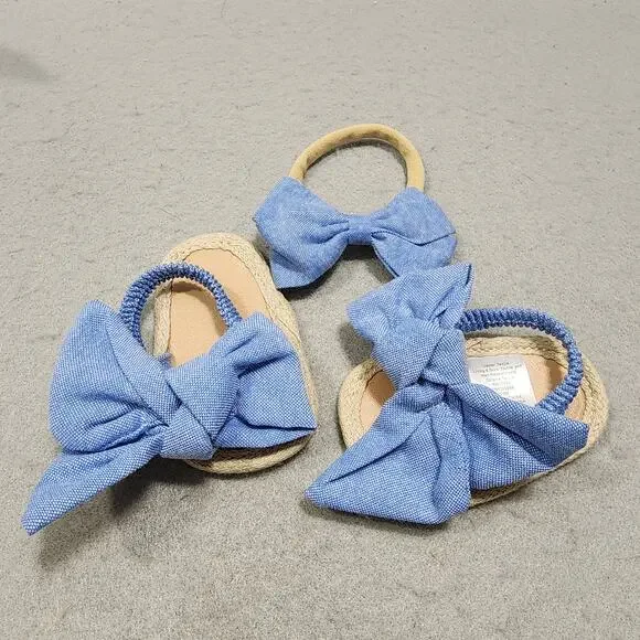0-3M Chambray Bow Ankle Strap Sandals & Head Band Soft Blue Fabric
