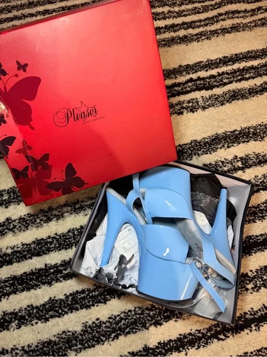 Pleaser Baby Blue Patent Platform Slingback Heels