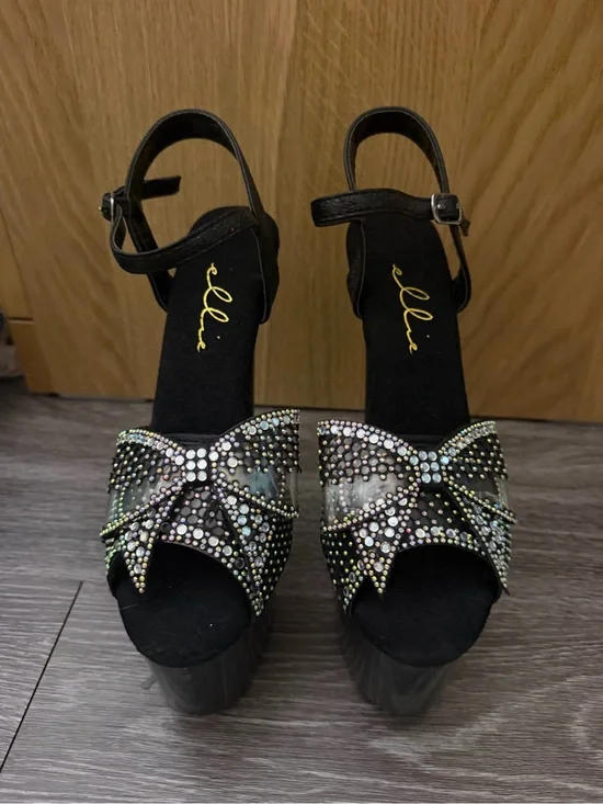 Ellie Black Platform Sandals with Iridescent Rhinestone Bow