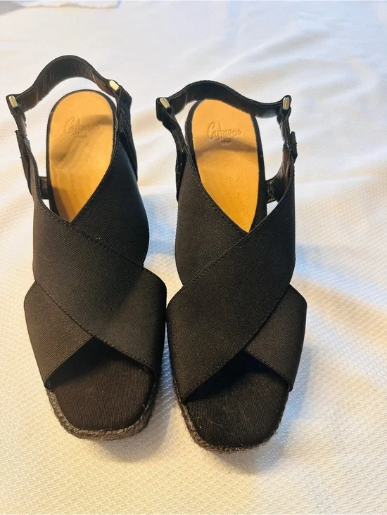 Castaner Black Crisscross Espadrille Wedges with Slingback Strap