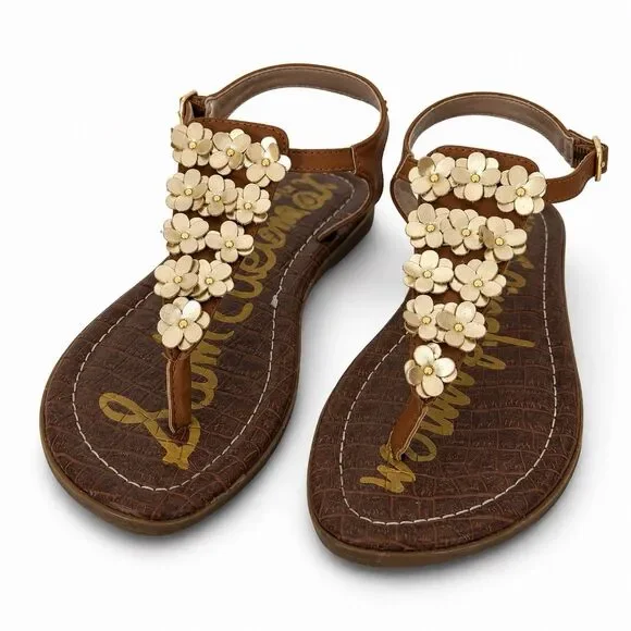 Sam Edelman Thong Sandals T-Strap Girls Sz 3 Brown Gigi Gold Metallic Flower EUC