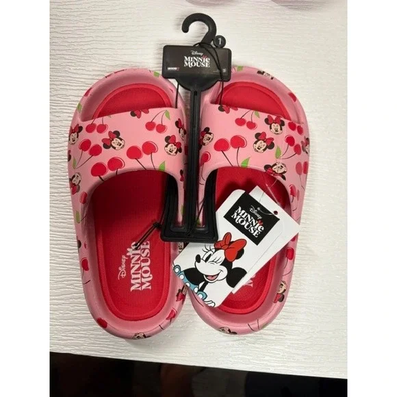 Disney Minnie Mouse Pink Cherry Print Slide Sandals Girls Size 1 NWT WS0011