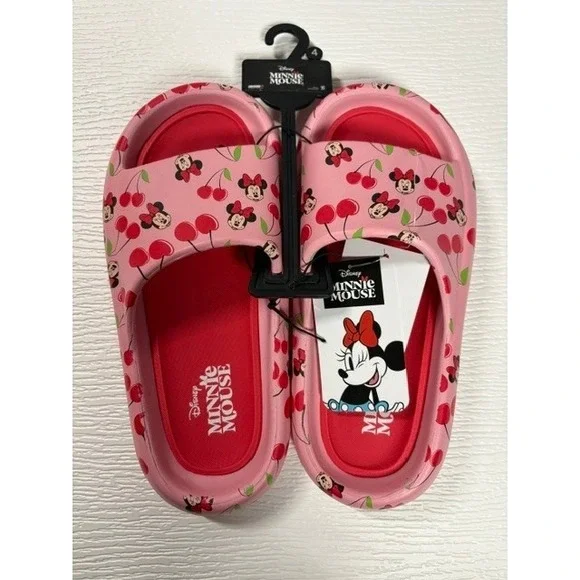Disney Minnie Mouse Pink Cherry Print Slide Sandals Girls Size 4 NWT WS009