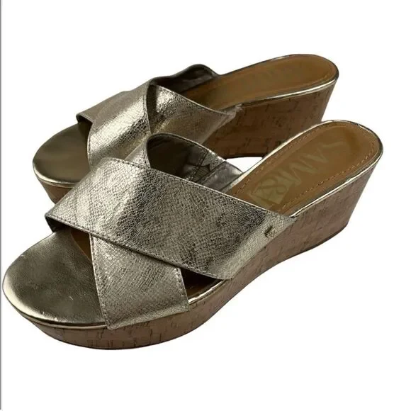 Sam & Libby Metallic Gold Cork Platform Wedge Heels Open Toe Sandals size 8