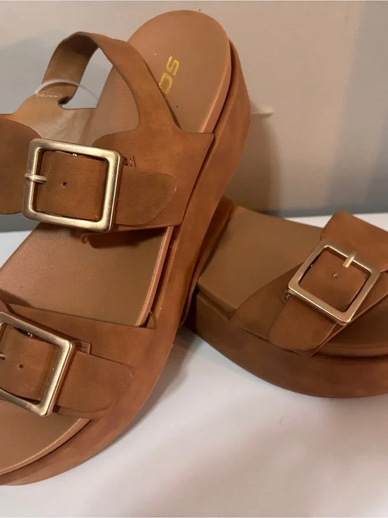 Soda Tan Platform Slide Sandals with Gold Buckles